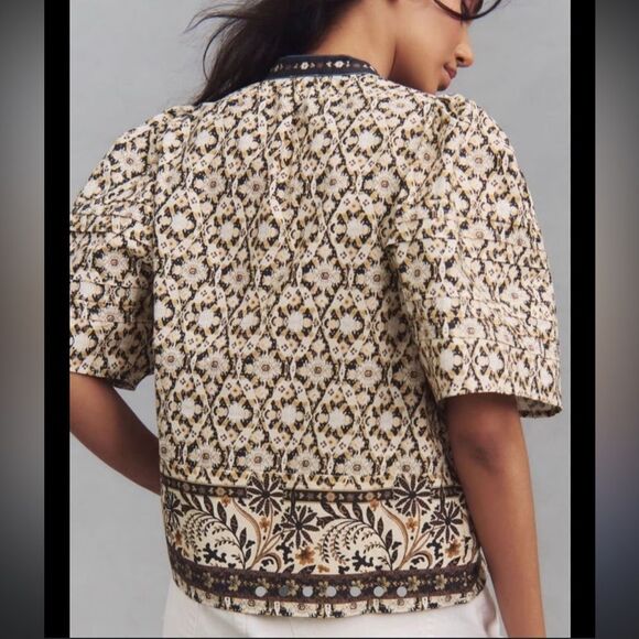 By Anthropologie Boho Print Pleated Puff Sleeve Blouse NWOT - Picture 2 of 6